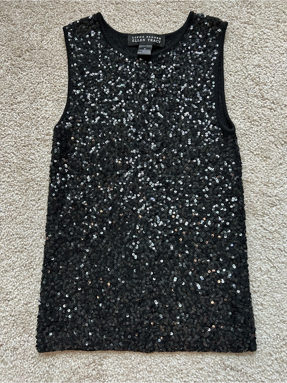 Vintage Ellen Tracy Black Sequin Tank Top Petite P Y2K Party Club Glam